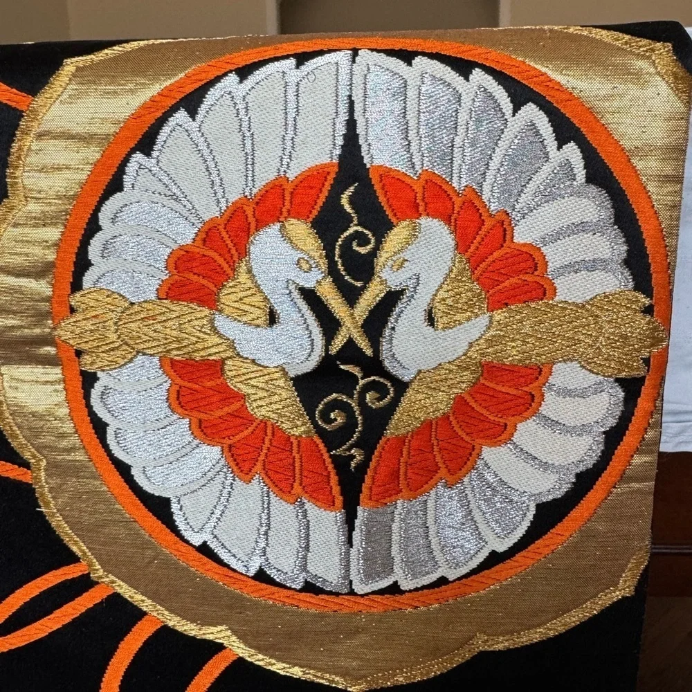 Vintage Japanese Obi Table Runner Black Gold Crane 13 Ft